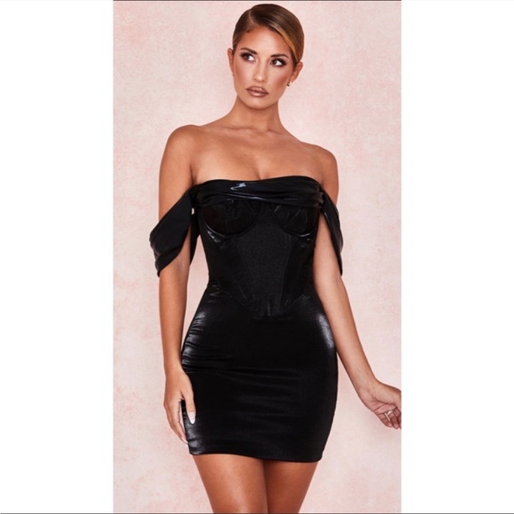 RARE House of CB ‘Lucinda’ Off Shoulder Mini Wetlook Night Out Dress NWT - Picture 4 of 12